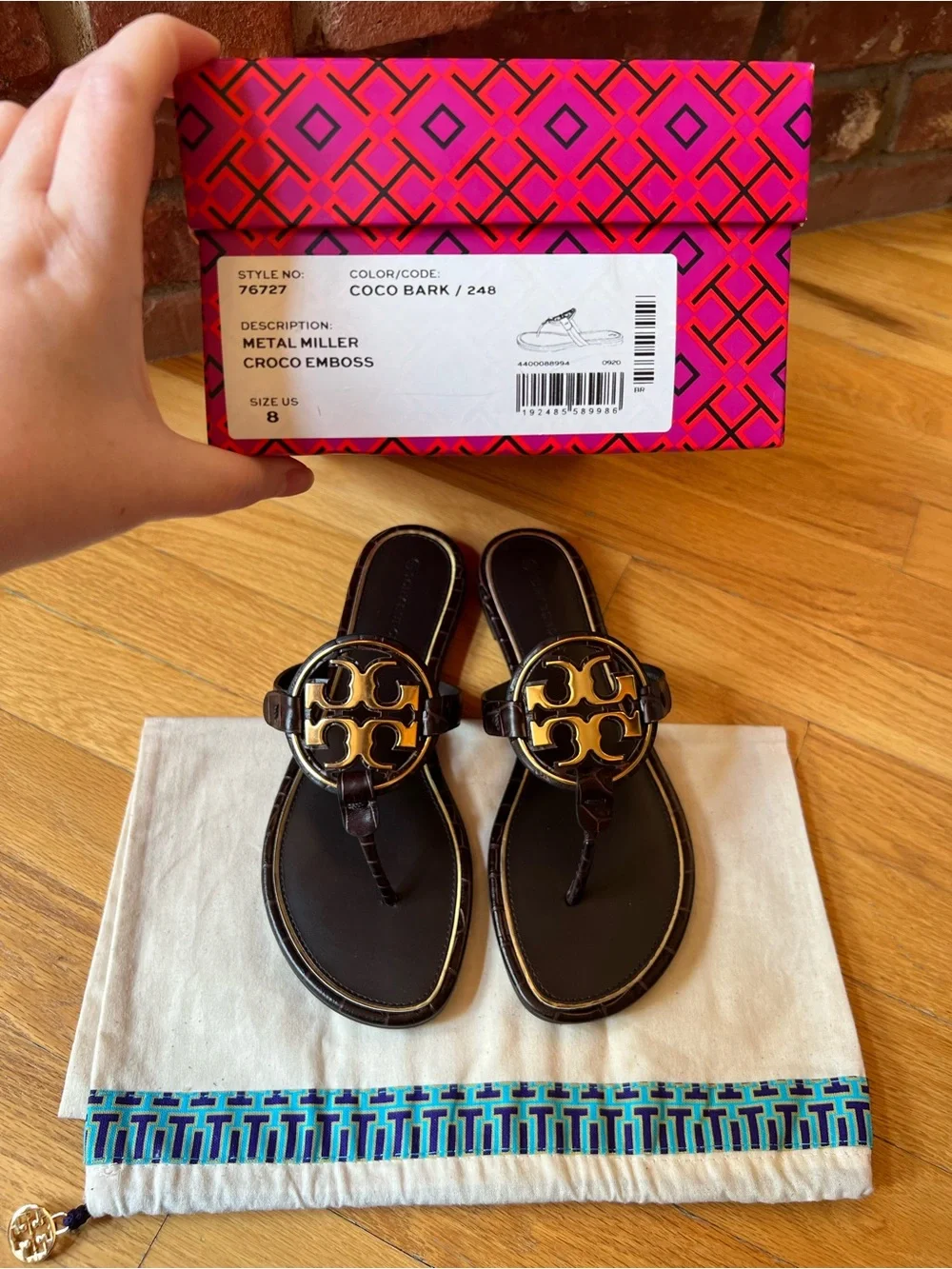Tory Burch Coco Bark Dark Brown Croco Embossed Leather Metal Miller Sandals